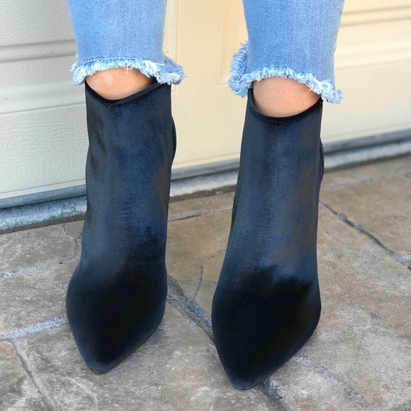 Black Velvet Pointy Toe Stiletto Heel Ankle Boots - Picture 4 of 8